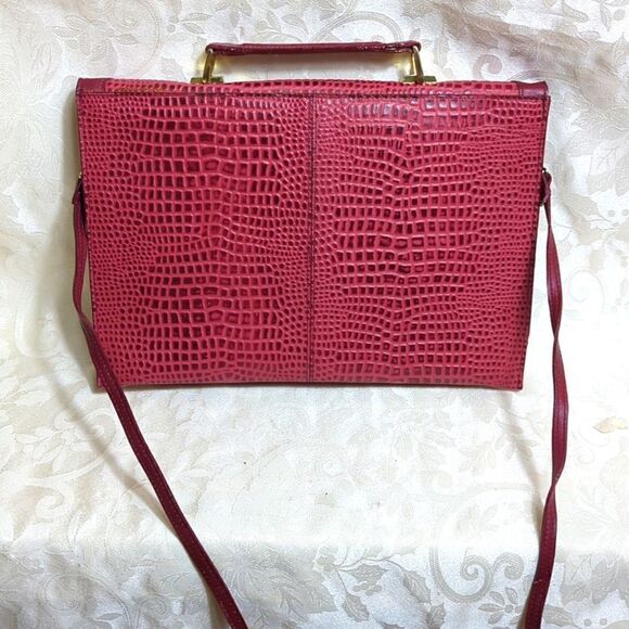 Vintage Deep Red Reptile Print Briefcase Style Shoulder Bag - Picture 3 of 9